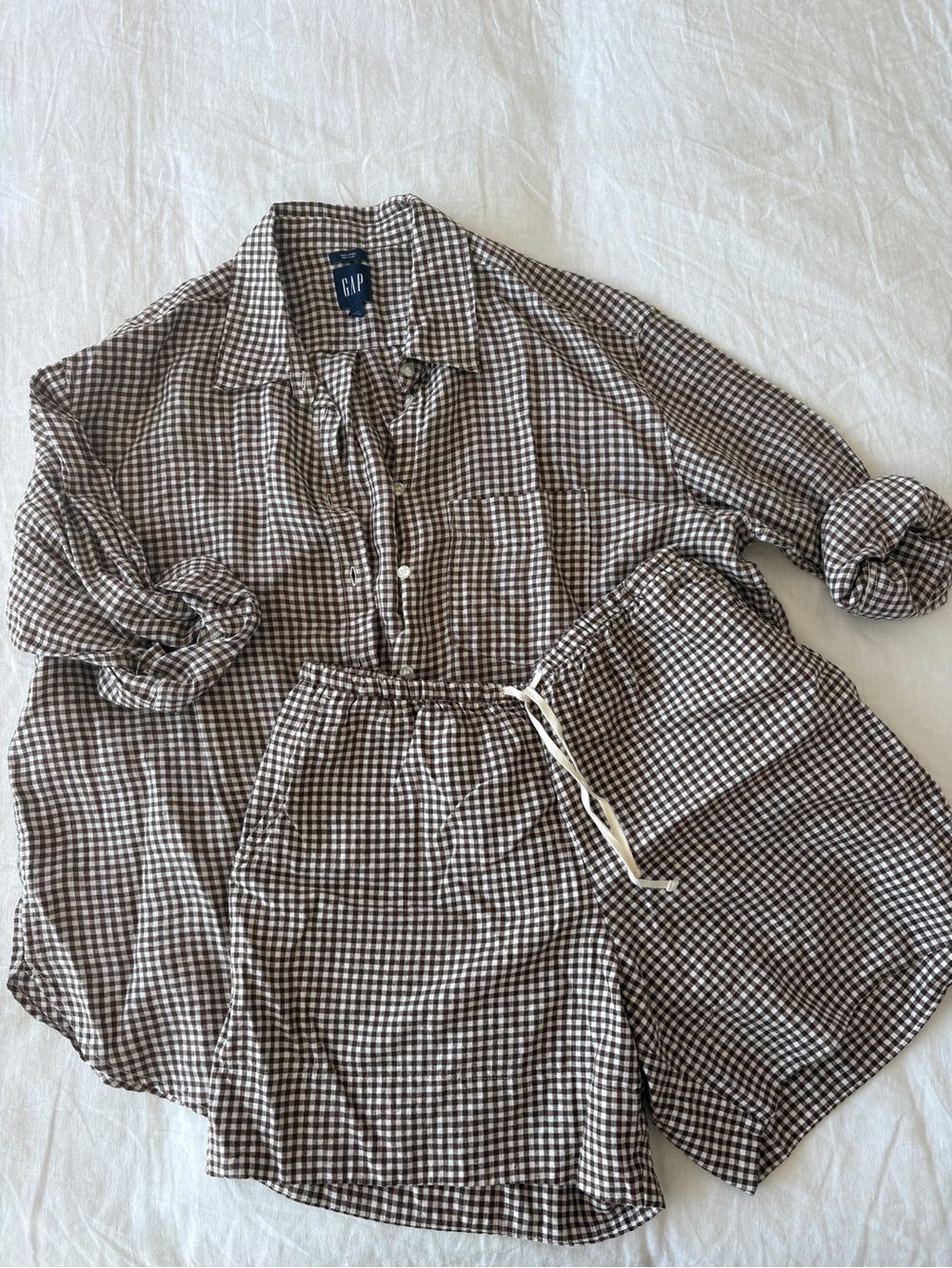 Gap Brown Gingham Linen Shirt & Shorts Matching Set M/L